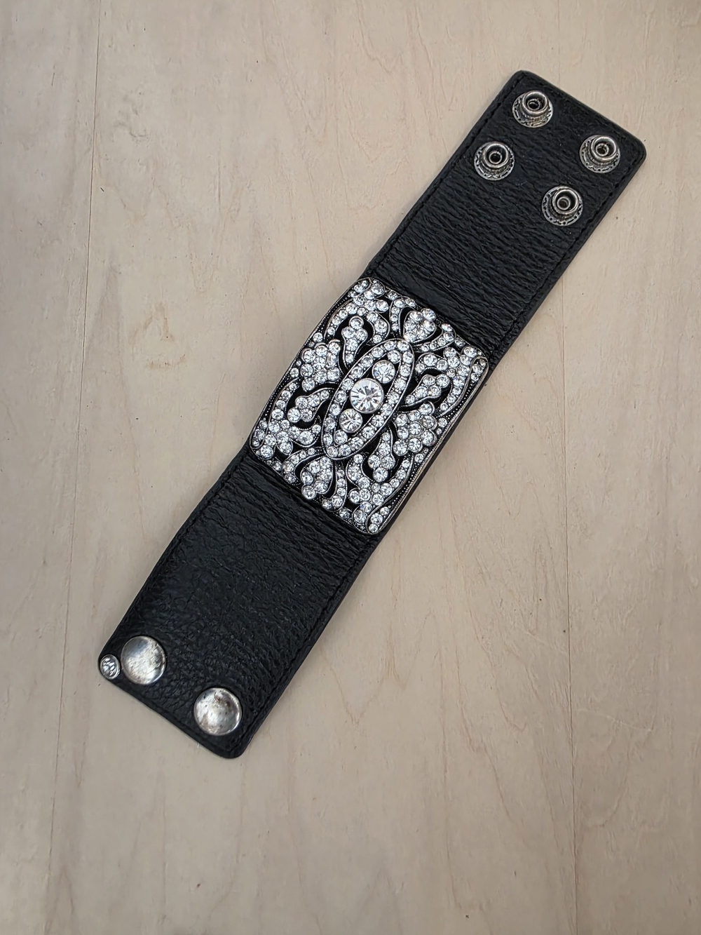 Crystal-Embellished Black Leather Snap Bracelet Cuff
